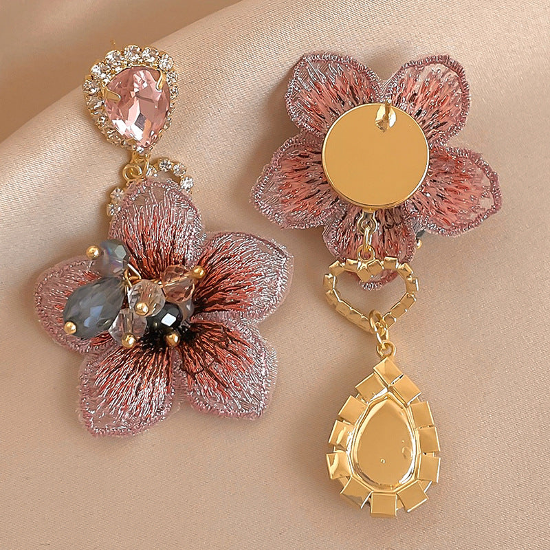 Wholesale 925 silver asymmetrical diamond fabric flower earrings