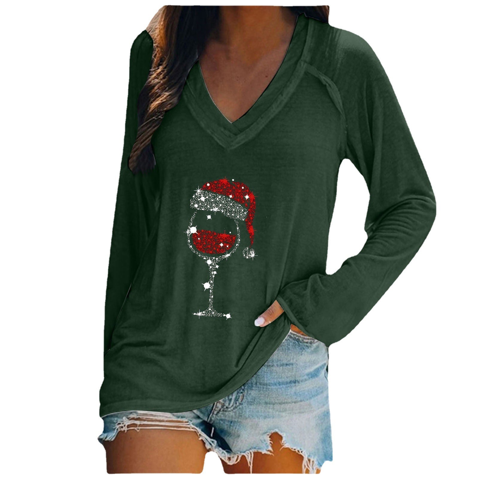 Wholesale Valentine's Day Long Sleeve Women's Long Sleeve Cup Printing Long Sleeve V-neck T-shirt