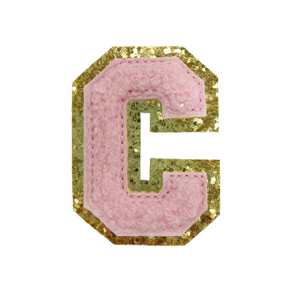 Wholesale Towel Embroidered Self Adhesive Letter Patches A Z Gold Glitter Double Layer Chic DIY Coat Accessory