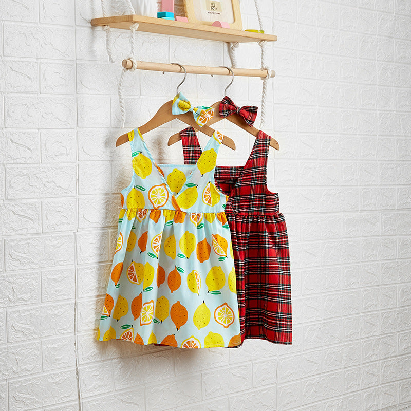 Wholesale Stylish Checkered Print Girls Princess Dress With Bow Headband Korean Style Sleeveless Backless Cotton Blend Party Dress For Gift Resale