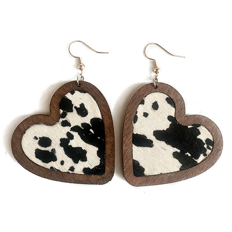 Wholesale Valentine's Day Genuine Leather Heart Leopard Print Horsehair Inlaid with Wooden Classic Retro Earrings