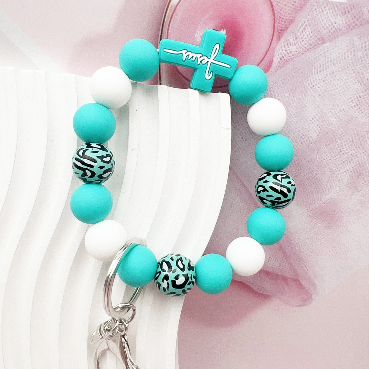 Wholesale Cross Silicone Leopard Beaded Wrist Keychain Bag Austrian Pendant