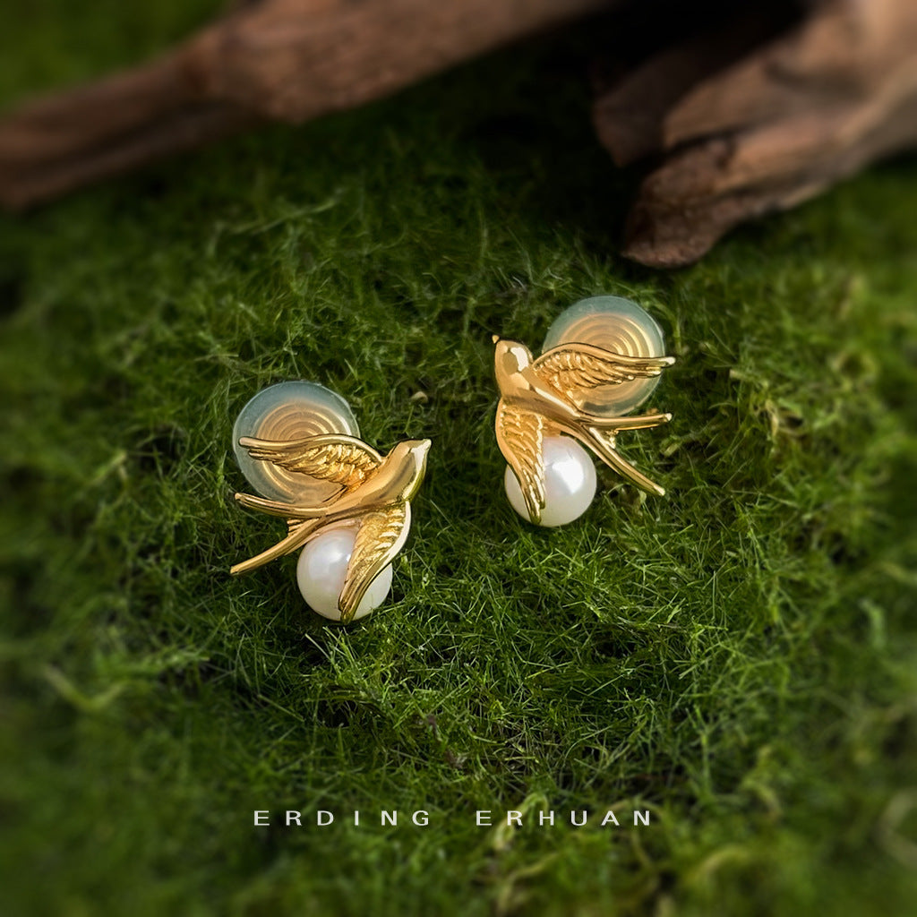 Wholesale Golden Pearl Bird Silver Needle Earnail