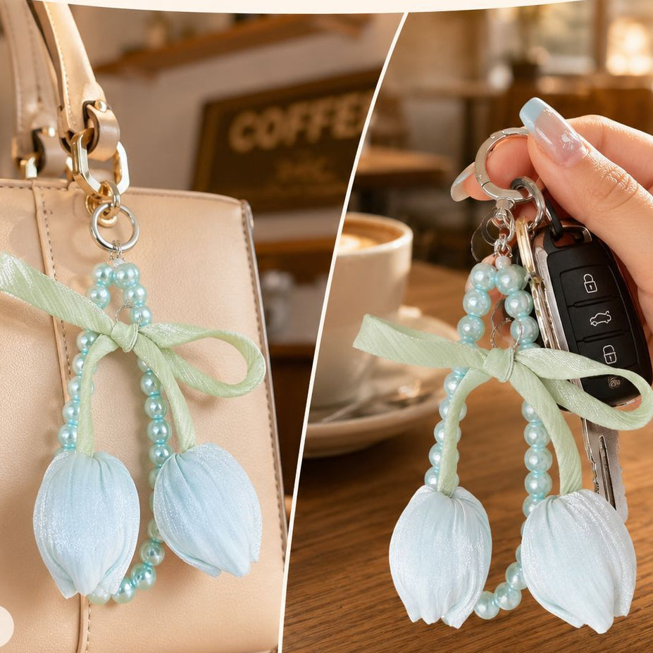 Wholesale Fresh Tulip Pearl Beaded Bracelet Keychain Acrylic Beige Decorative Accessory