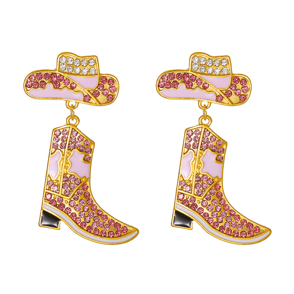 Wholesale Alloy Drop Oil Diamond Studded Western Cowboy Hat Boots Earrings