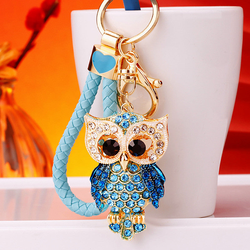 Wholesale Pink Rhinestone Owl Car Keychain Metal Key Ring Bag Charm Fashion Accessory Gift