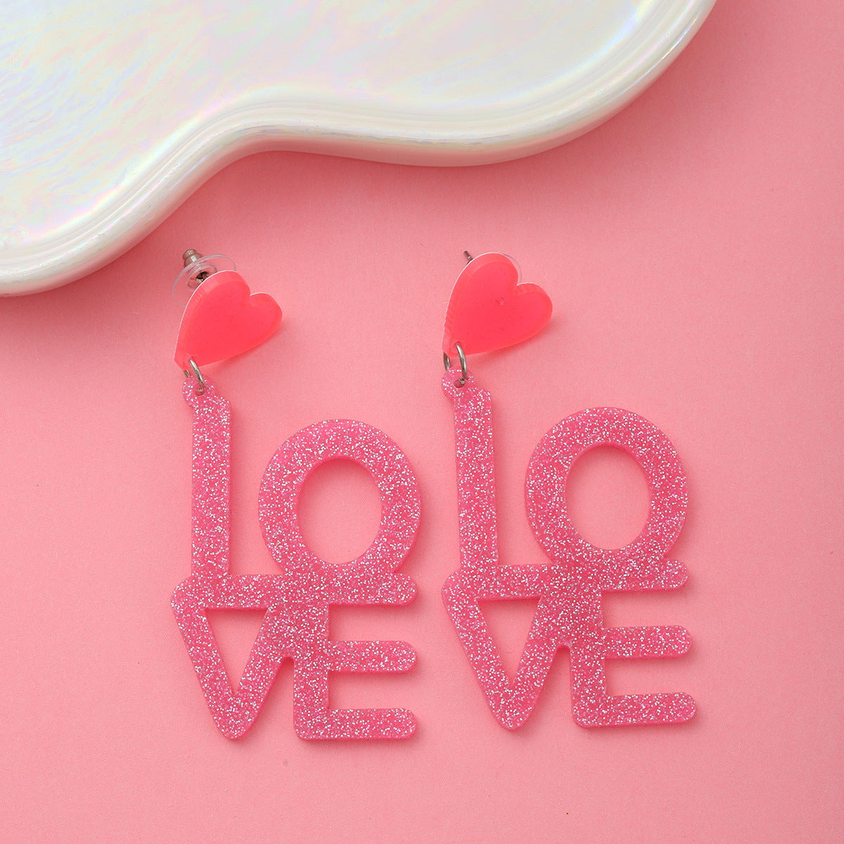 Wholesale  Valentine' s Day Pink Sequined LOVE acrylic Earrings