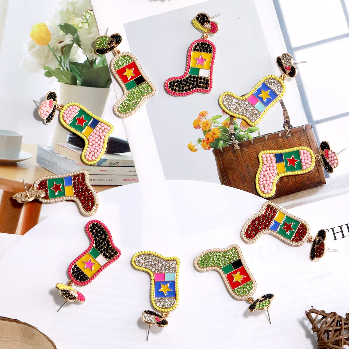 Wholesale Western Cowboy Hat Alloy Christmas Boots Earrings