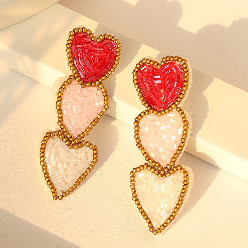Wholesale Hand-sewn Three-layer Love Pendant Earrings Suitable for Valentine's Day Gift Earrings for Women