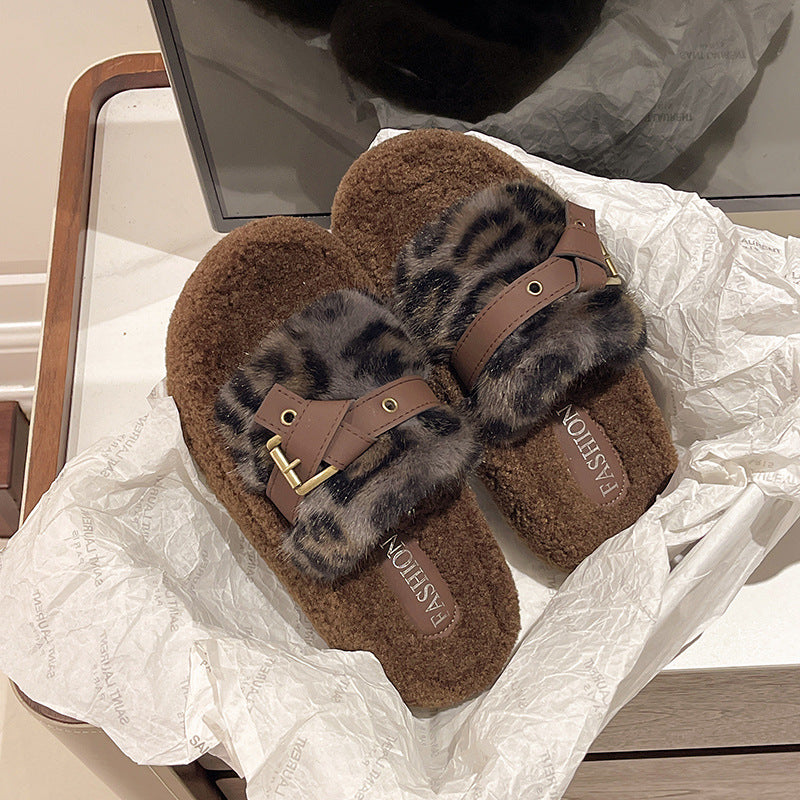 Wholesale leopard print thick-soled slippers autumn and winter wear warm cotton slippers