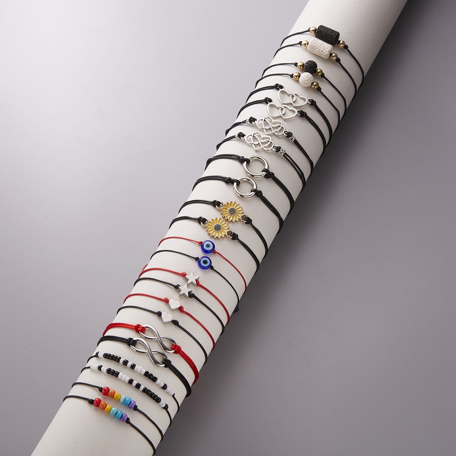 Wholesale Geometric 8-character Volcanic Stone Sunflower 2-piece Braided Adjustable Paper Card Bracelet