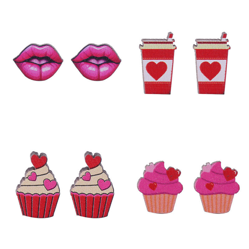 Wholesale Valentine's Day Bear Flowers Red Lips Cartoon Cake Wooden Earrings