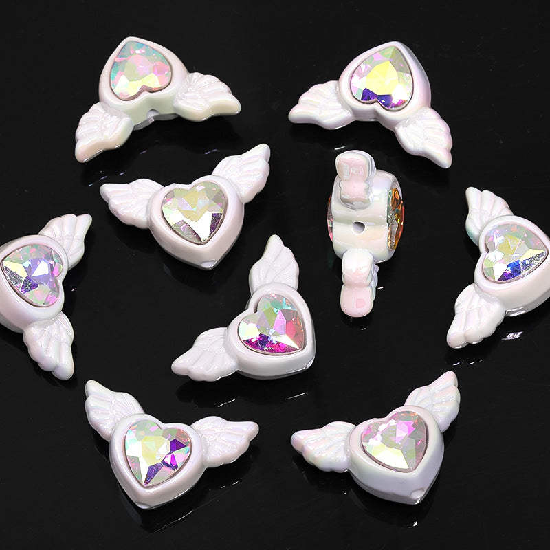 Wholesale 25pcs Double-sided Diamond Wings Love Heart Plated Acrylic Peach Heart Beads