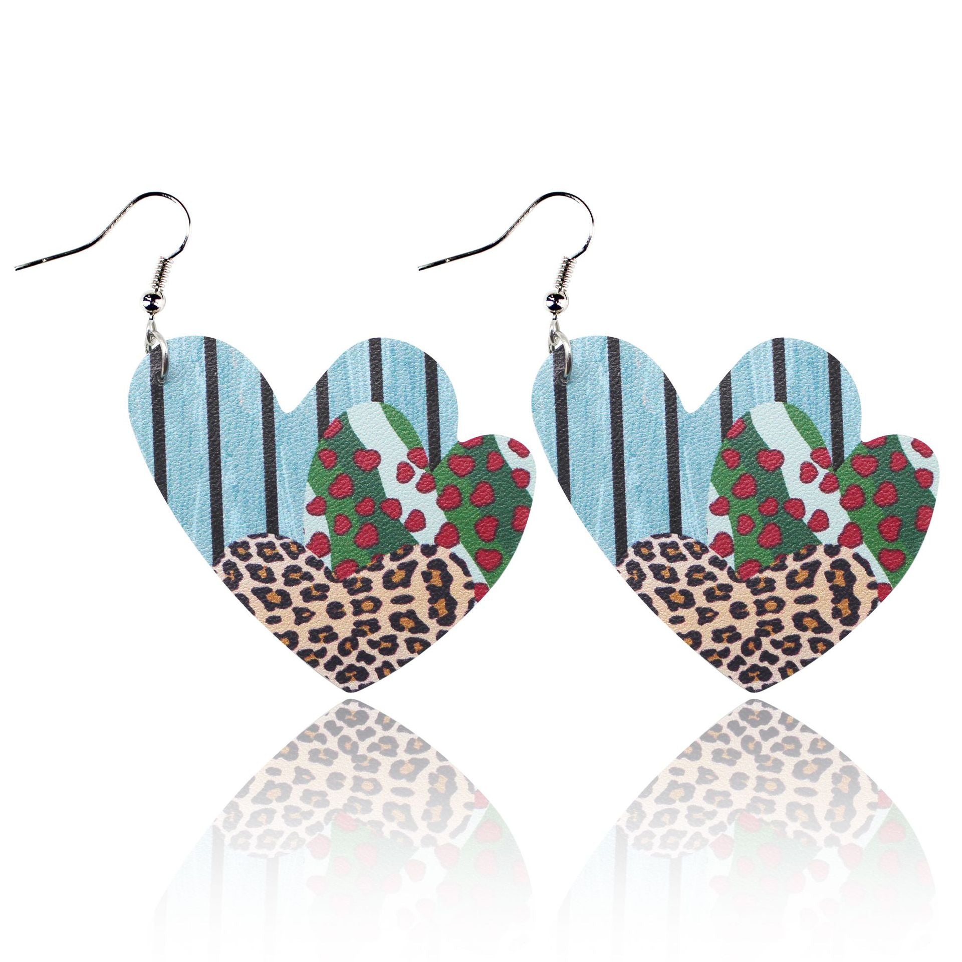 Wholesale Valentine's Day Red and Black Plaid Stripe Tie Dyed Leopard Heart Double Sided Leather Earrings