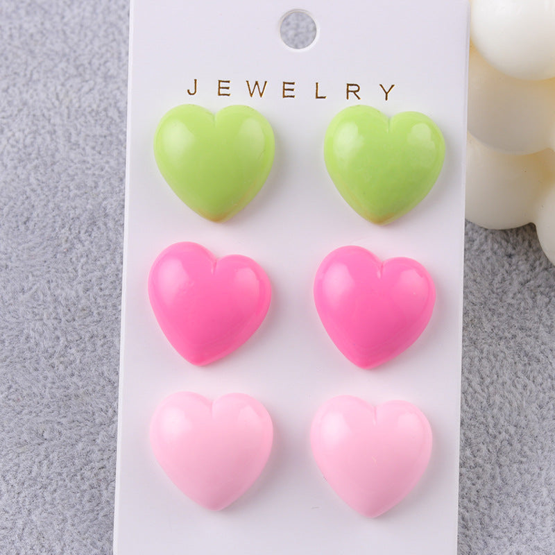 Wholesale Japanese Style Fresh Candy Colored Love Three Piece Set Acrylic Simple and Fashionable Earrings