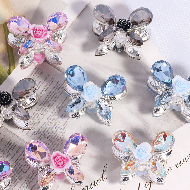 Wholesale 5pcs/pack Heavy alloy rose butterfly rhinestone beads straight hole beads DIY