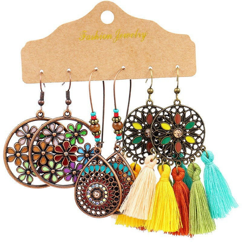 Wholesale Boho Vintage Three Piece Set Tassel Flower Earrings