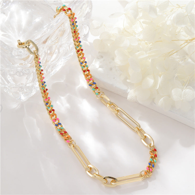 Wholesale Rainbow Cuban Chain Stitching Gold Plated Necklace Clavicle Chain