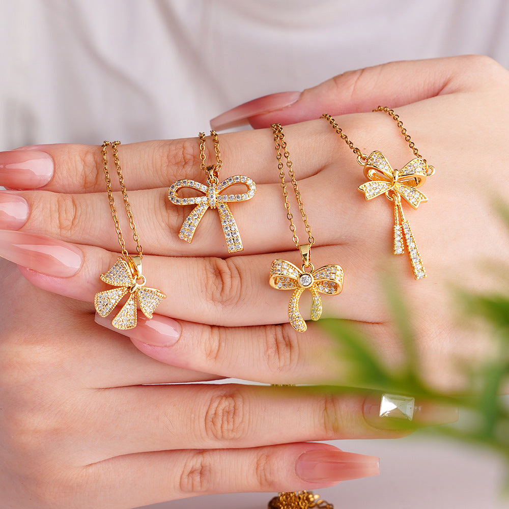 Wholesale Copper Inlaid Zircon Bow Pendant Luxury Versatile Stainless Steel Clavicle Necklace Jewelry