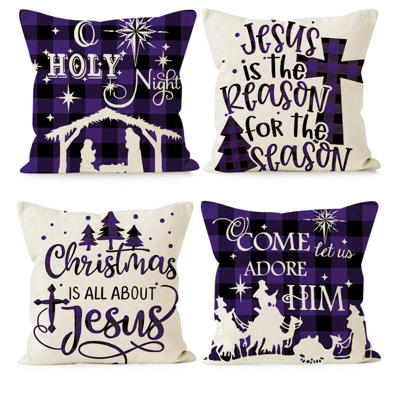 Wholesale Christmas Linen Plaided Letter Christmas Tree Print Pillowcase