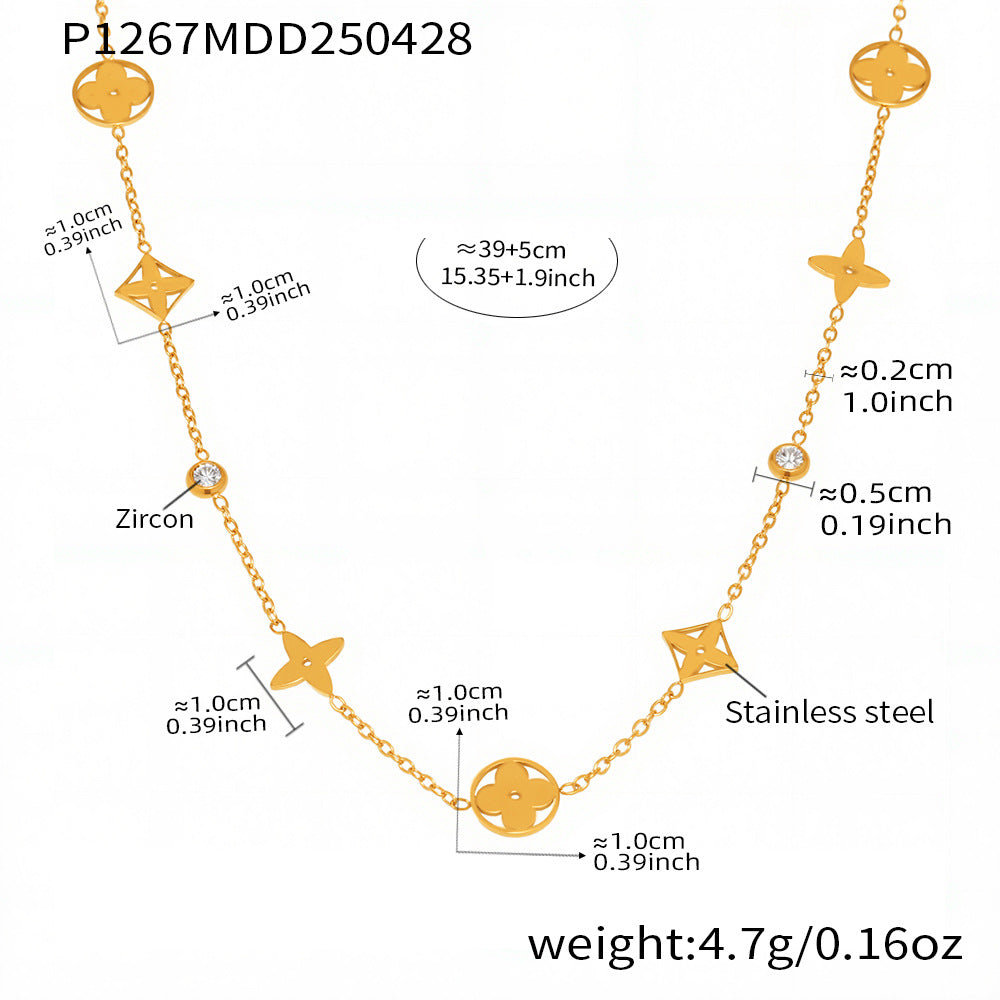 Wholesale 18K gold-plated round beads and zircon hollow lucky four-leaf flower stacking necklace