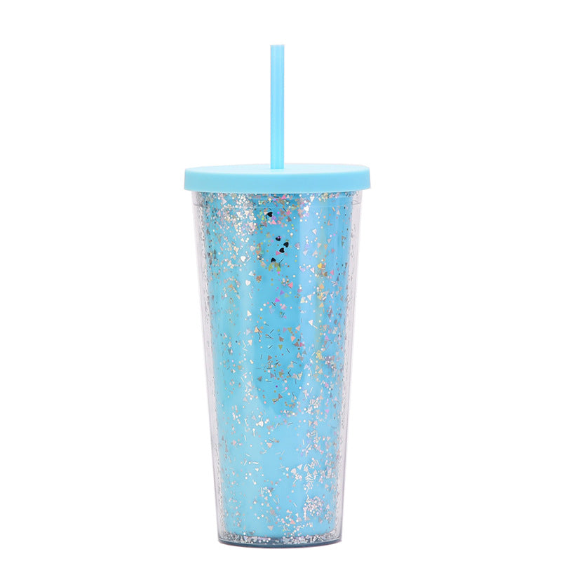 Wholesale  24OZ Double Layer Plastic Cup Sequins Glitter Creative Water Cup with Straw