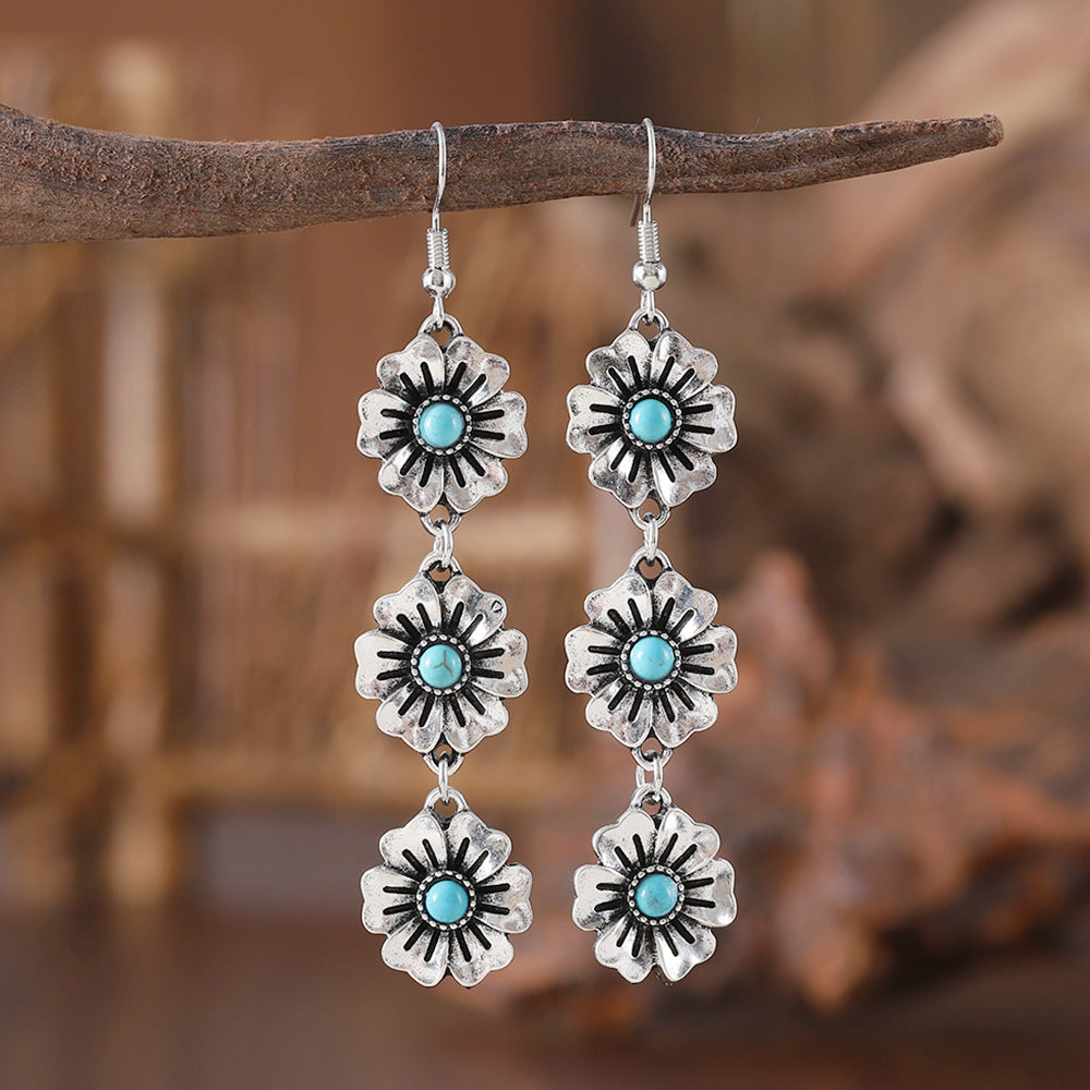Wholesale Retro Floral Turquoise Bracelet And Earrings Set Zinc Alloy Fashion Jewelry Gift For Party Wear