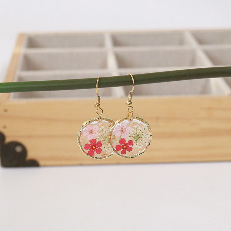 Wholesale new 6pcs/pack resin dried flower irregular round gold earrings creative real flower fashion earrings