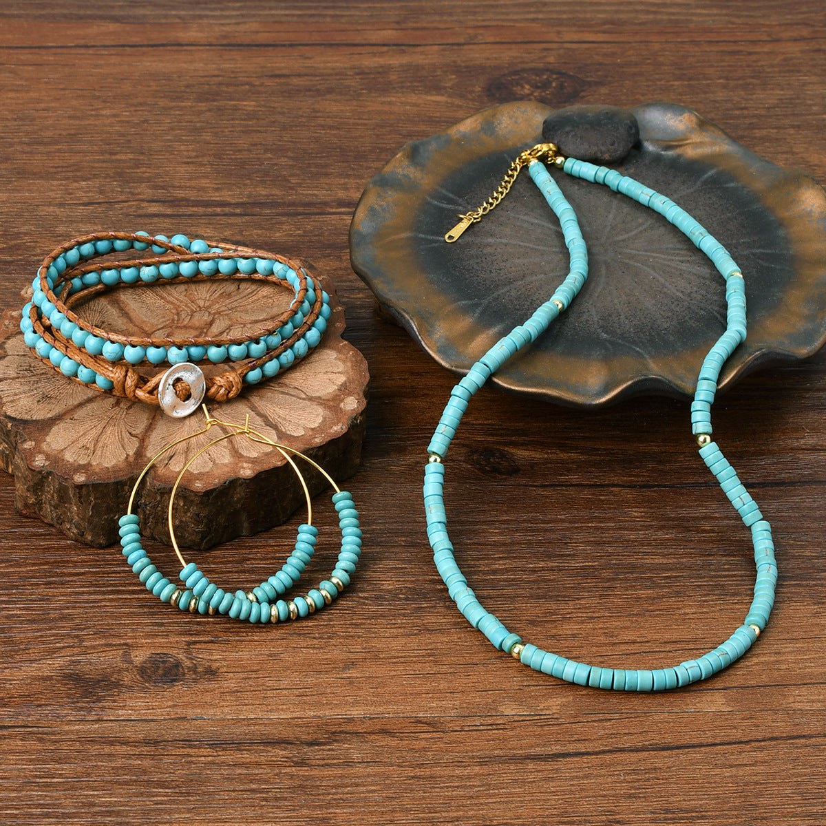 Wholesale Retro ethnic style turquoise beaded new Chinese necklace bracelet earrings set