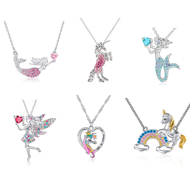 Wholesale Ballerina Girl Unicorn Rainbow Mermaid Pendant Sweater Necklace
