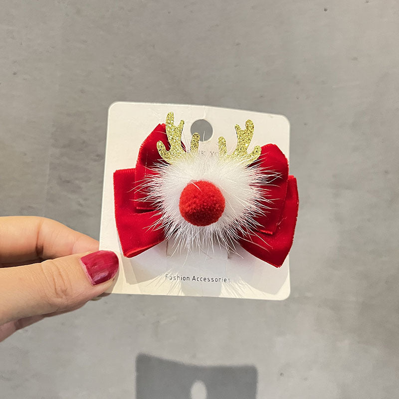 Wholesale Children's Christmas Fur Ball Bow Fabric Hairpin