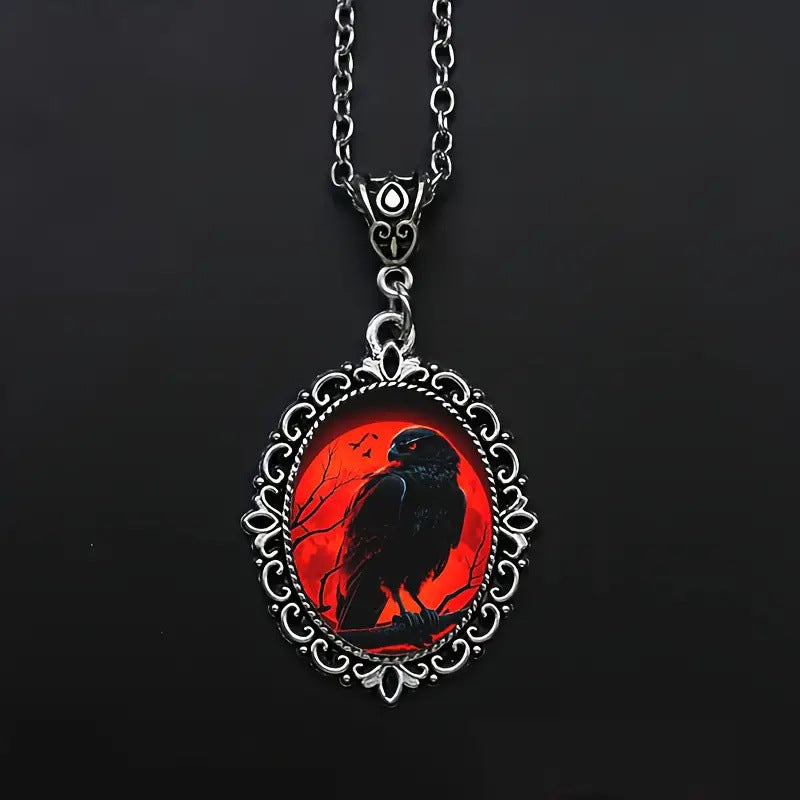 Wholesale Gothic Raven Oval Glass Necklace
