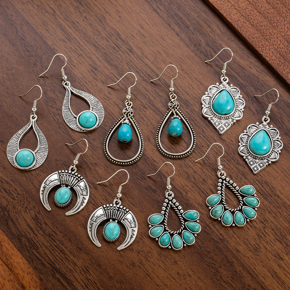 Wholesale 10pcs Vintage turquoise earrings geometric inlay Bohemian alloy personality earrings