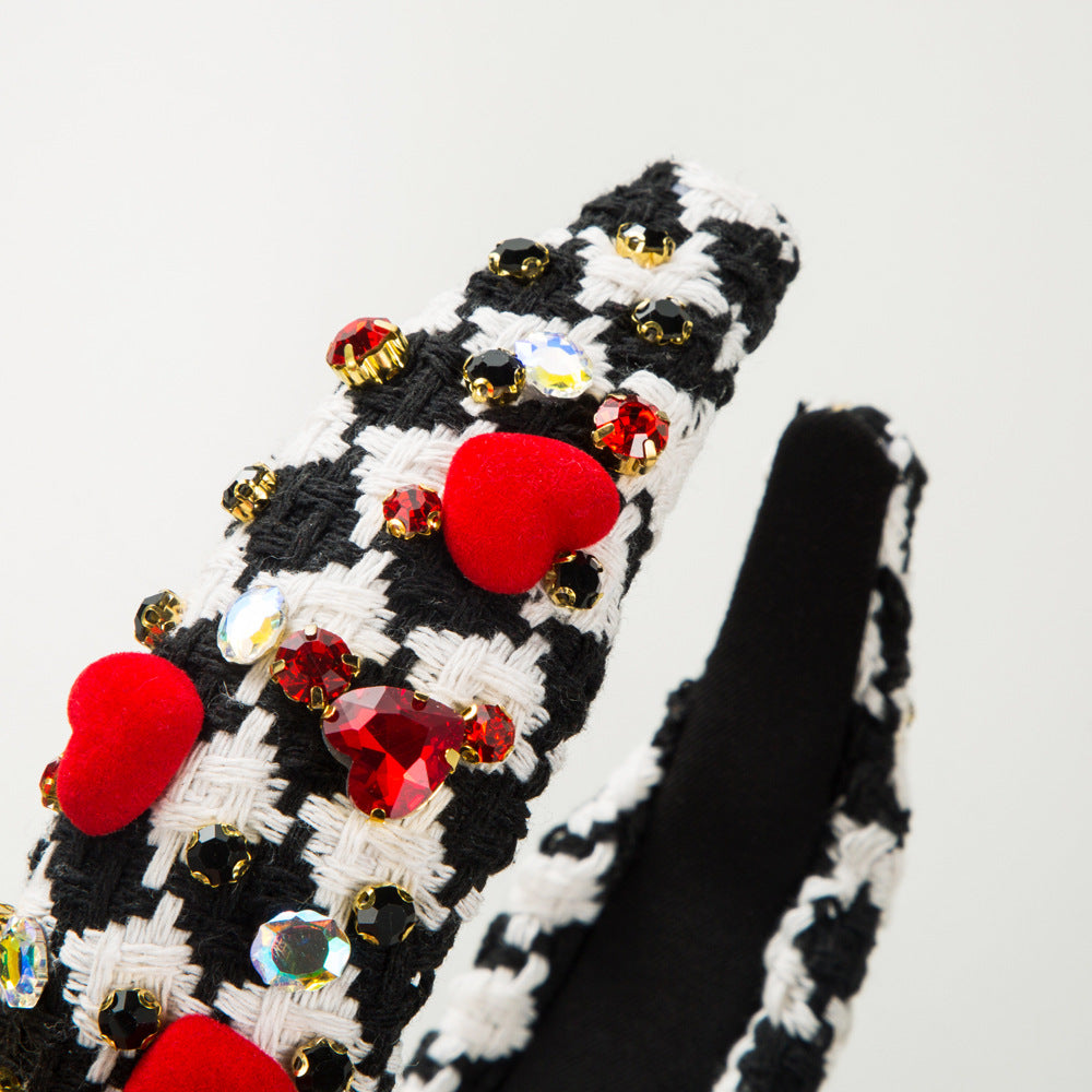 Wholesale Black and White Fabric Hand Sewn Glass Diamond Flower Valentine's Day Hair Bands