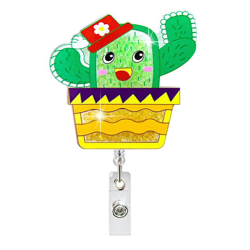 Wholesale Badge Reels Cactus Acrylic Quicksand Retractable Keychain
