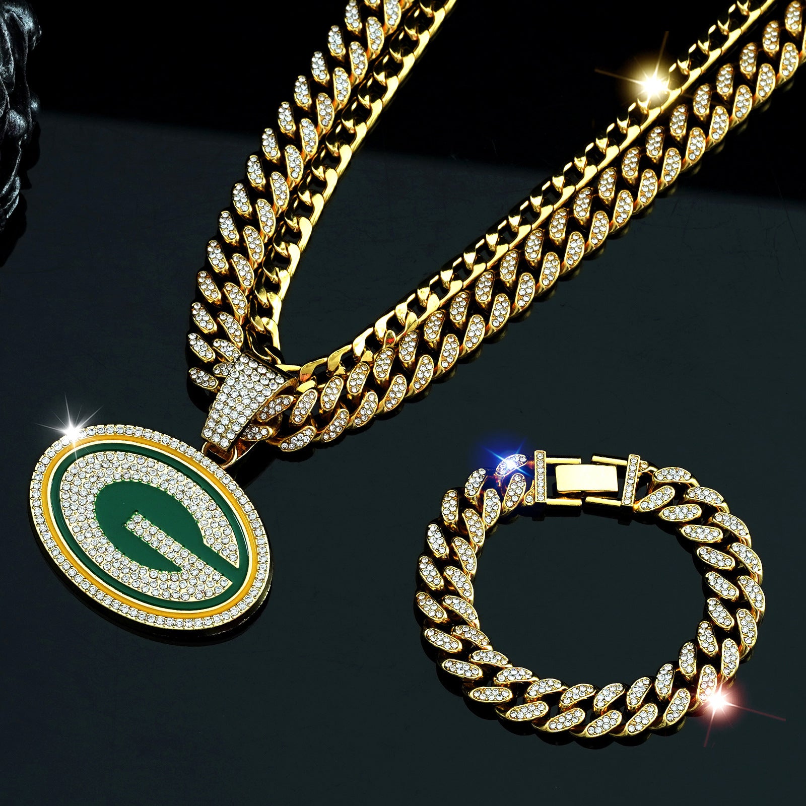Wholesale Punk hip-hop letter G round diamond necklace and bracelet set