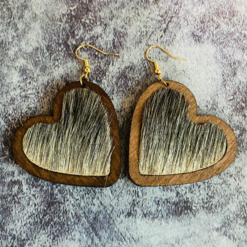 Wholesale Valentine's Day Genuine Leather Heart Leopard Print Horsehair Inlaid with Wooden Classic Retro Earrings