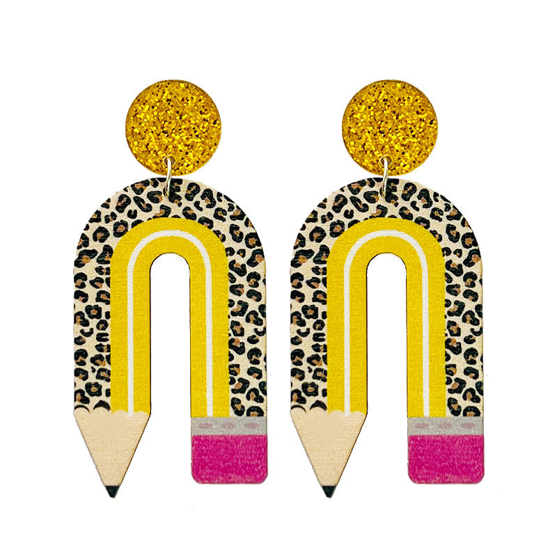 Wholesale 2 Pairs/Pack Wooden Printing Pencil U Shape Leopard Print Color Matching Earrings