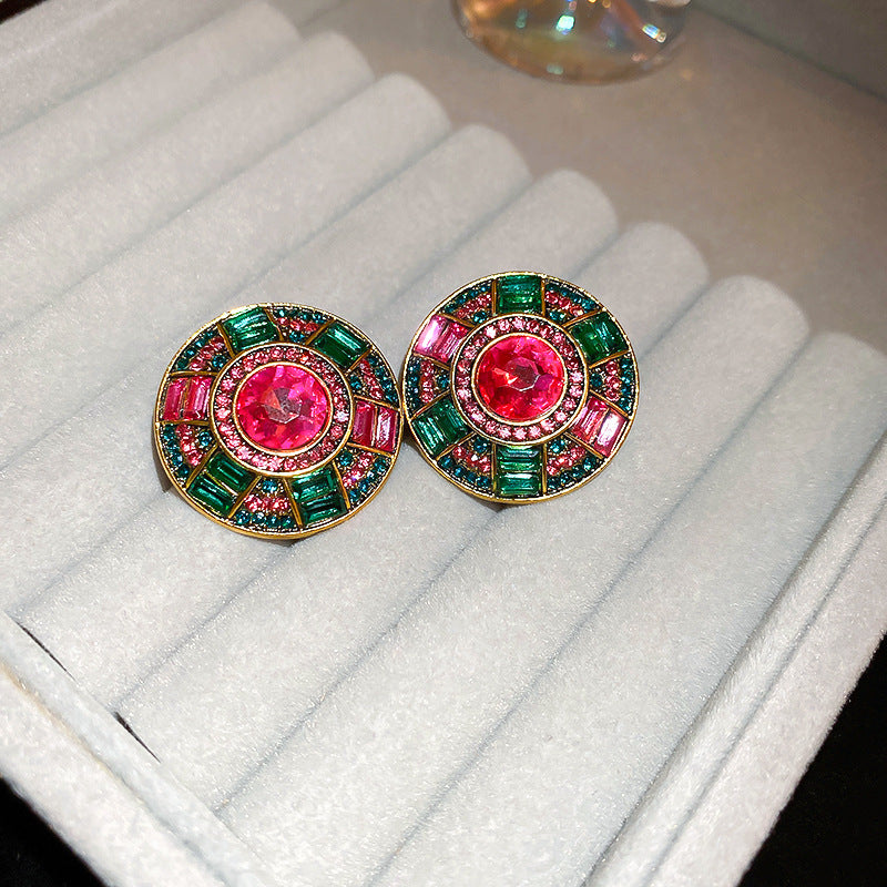 Wholesale Heavy Vintage Diamond Emerald Round Earrings Necklace Set