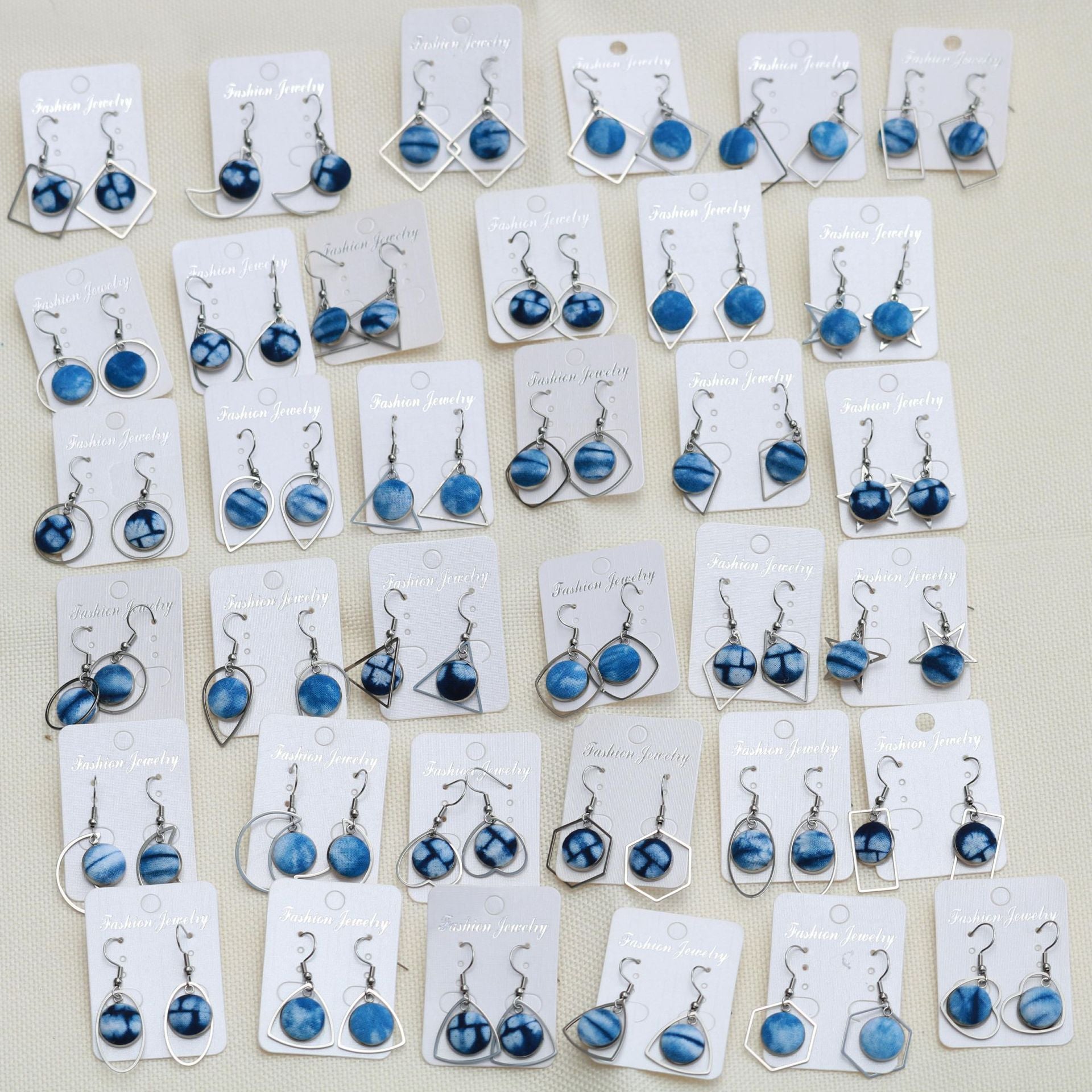 Wholesale Ethnic Style Earrings Tie-Dye Blue Dye Batik Hand-Woven Fabric Buckle Earrings Earrings