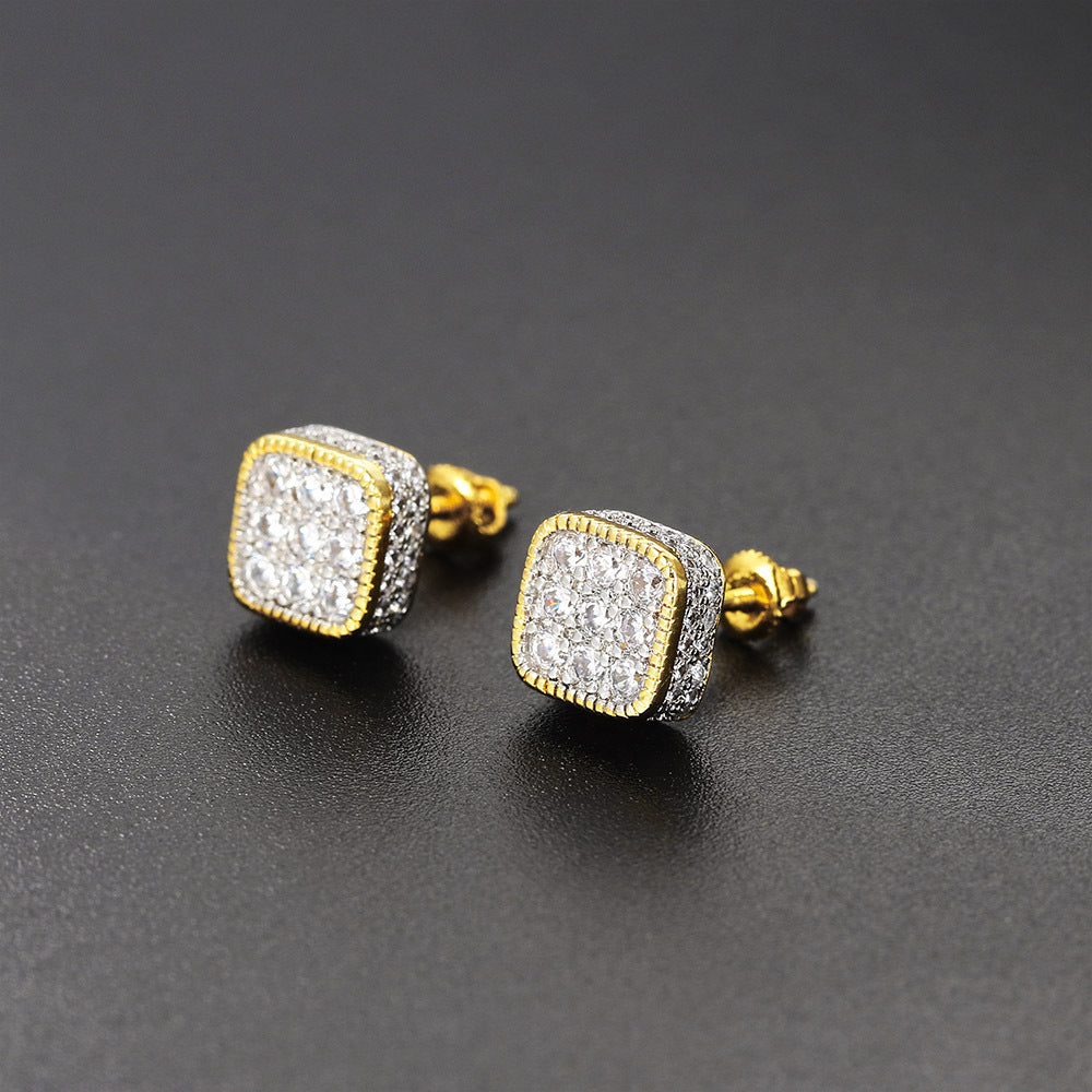 Wholesale Square Hip Hop Full Diamond Zircon Thread Earrings Stud Earrings