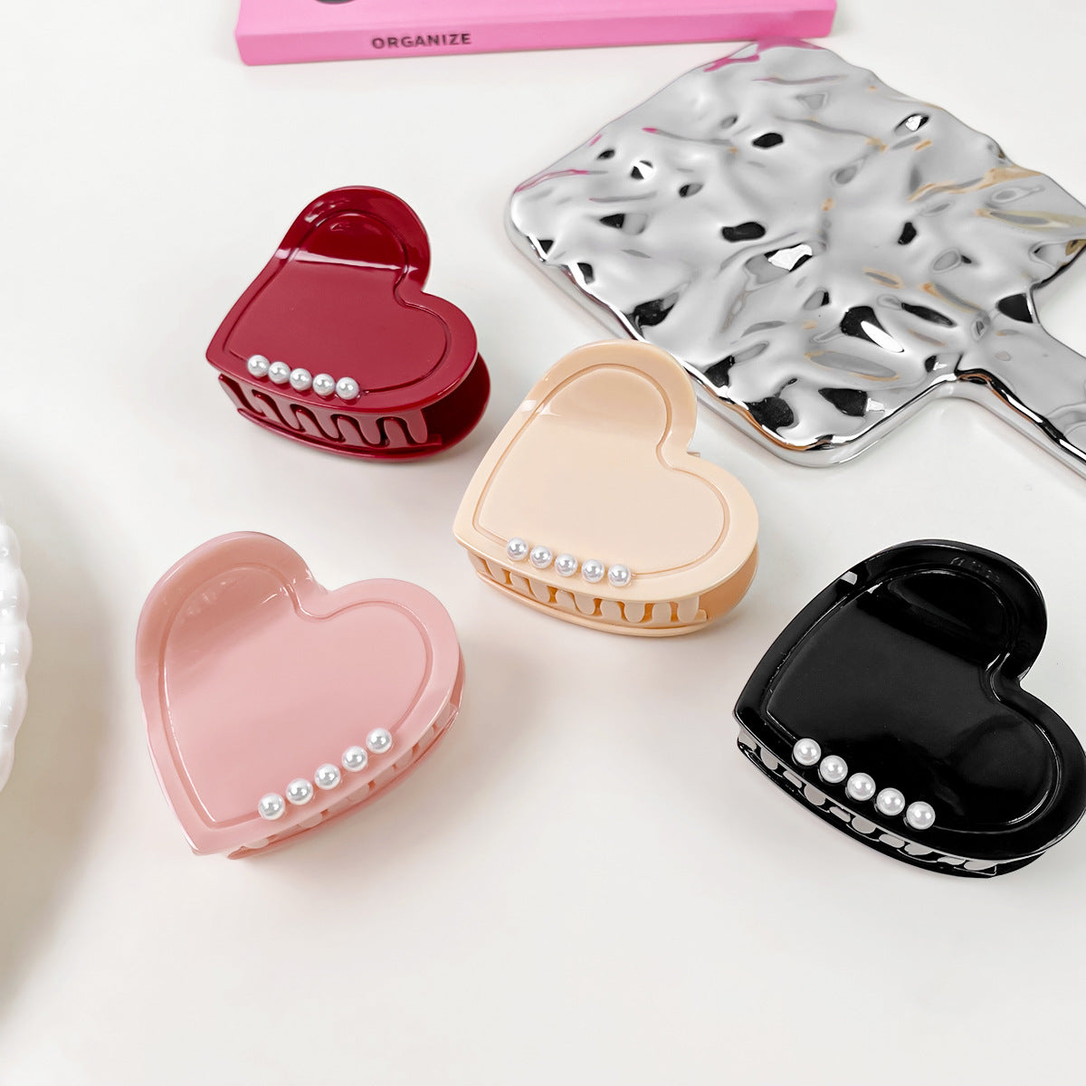 Wholesale Acrylic Diamond Studded Pearl Heart Hair Clips