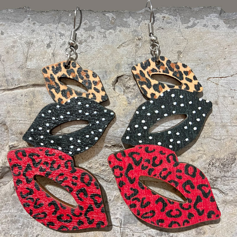 Wholesale Valentine's Day Lip Colorblock Western Cowboy Boots Leopard Print Earrings
