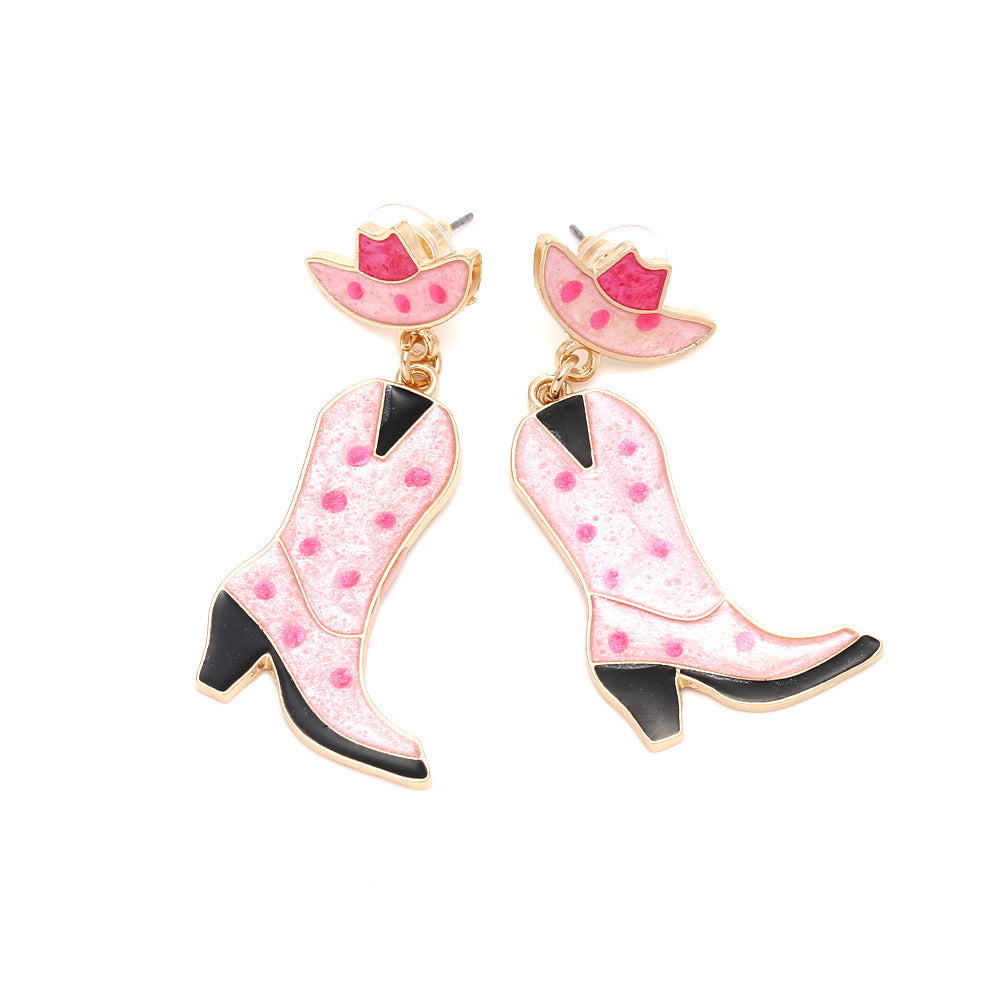 Wholesale Cute Pink Spot Dripping Oil Hat Boots Western Style Earrings
