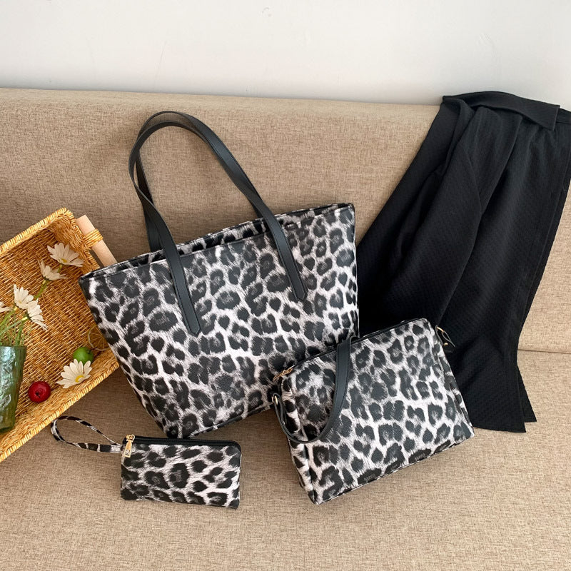 Wholesale PU Retro Leopard Print Shoulder Bag Large Capacity Tote Bag Set