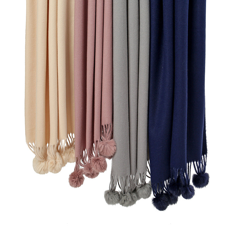 Wholesale Autumn and Winter Imitation Cashmere Scarves, Solid Color Tassel Wool Ball and Plush Necklaces