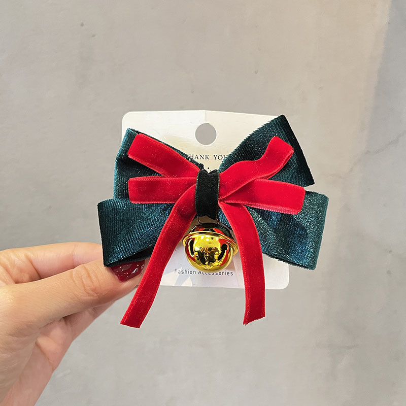 Wholesale Christmas Children's Hair Ball Double Layer Bow Bell Fabric Hairpin