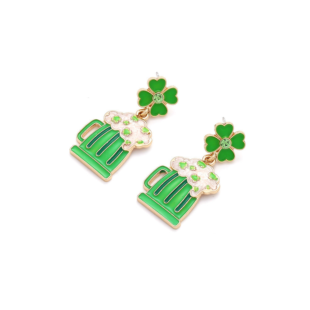 Wholesale St. Patrick's Four-leaf Clover Alloy Oil-drip Diamond Beer Mug Earrings