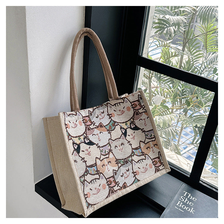 Wholesale Polyester cute cotton and linen portable large capacity commuter lunch bag tote bag canvas bag