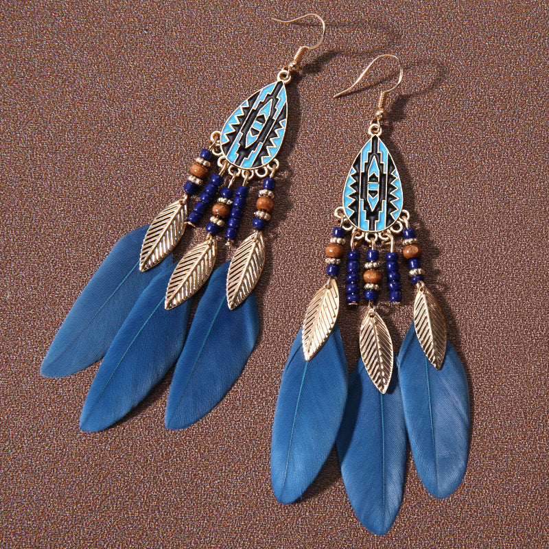 Wholesale Water Drop Tassel Feather Long Bohemian Rice Bead Earrings